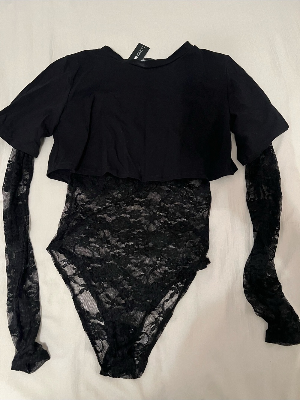 Fashion Nova Black Lace Bodysuit with Cropped Overlay